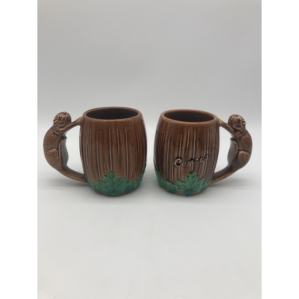 1950s Canada Souvenir Mug Pair Shafford Style Hand Painted Beaver Tree Log